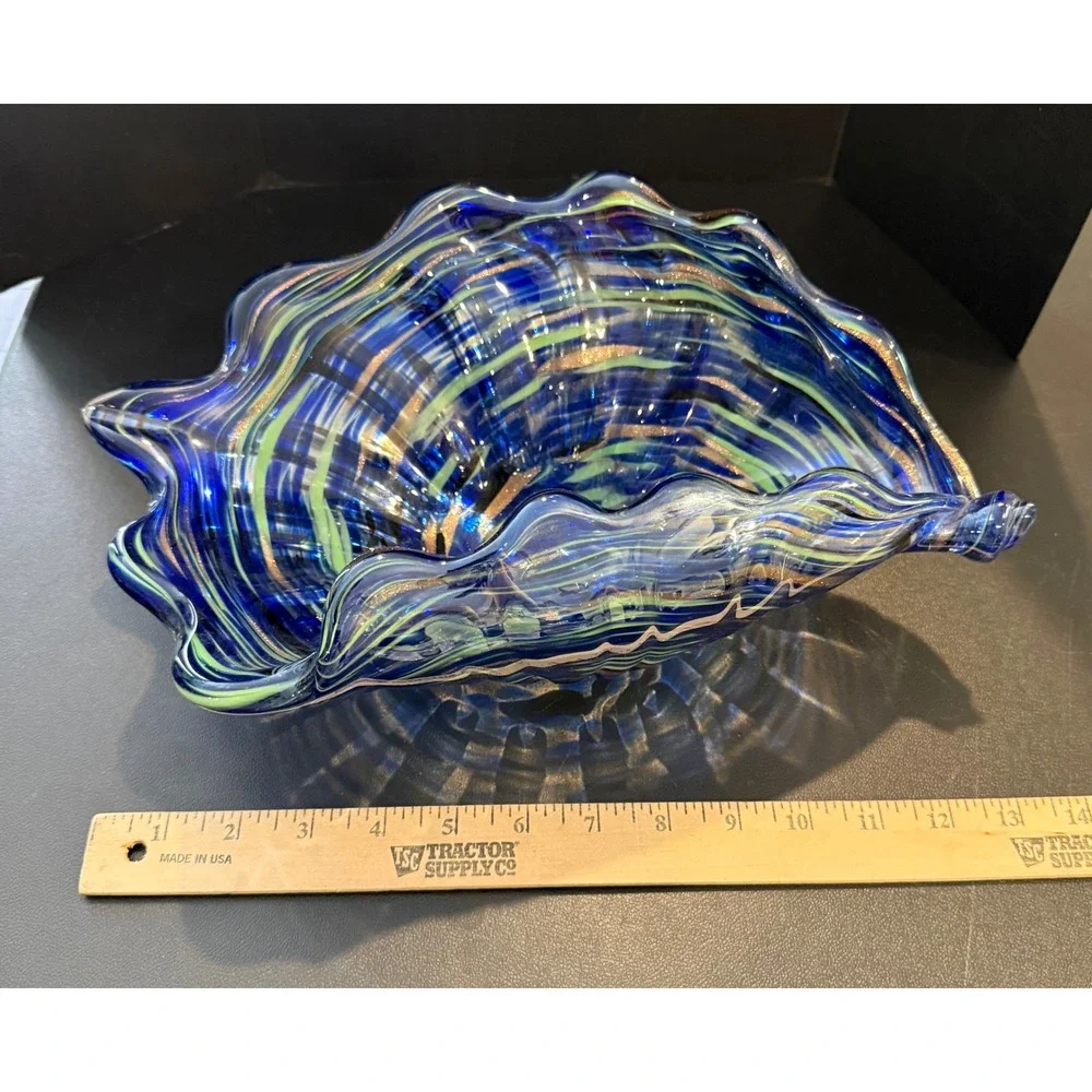 Art Glass Conch Shell Bowl Blue Green Gold Aventurine Swirl Murano Style 13